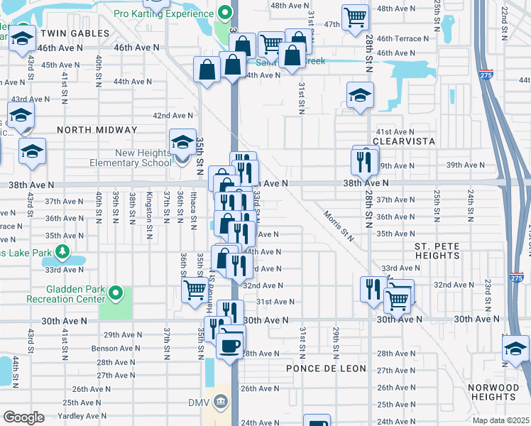 map of restaurants, bars, coffee shops, grocery stores, and more near 3745 33rd Street North in St. Petersburg