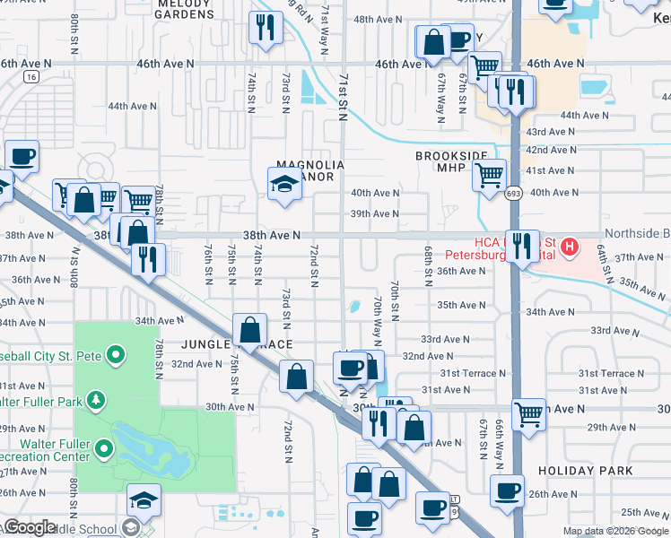 map of restaurants, bars, coffee shops, grocery stores, and more near 7101 37th Avenue North in St. Petersburg