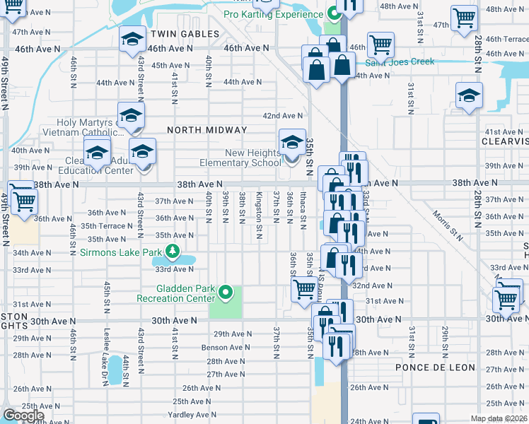 map of restaurants, bars, coffee shops, grocery stores, and more near 3701 Kingston Street North in St. Petersburg