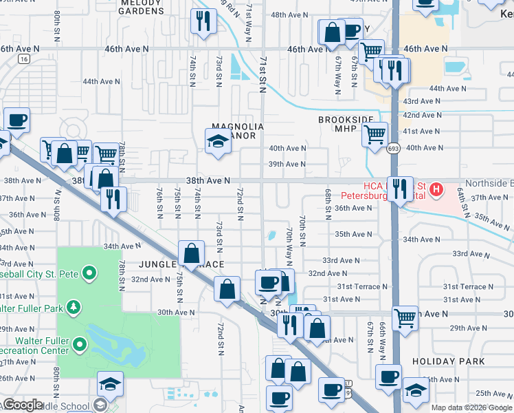 map of restaurants, bars, coffee shops, grocery stores, and more near 3612 71st Street North in St. Petersburg