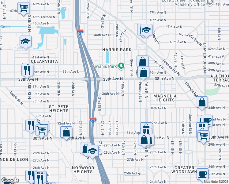 map of restaurants, bars, coffee shops, grocery stores, and more near 1915 36th Avenue North in Saint Petersburg