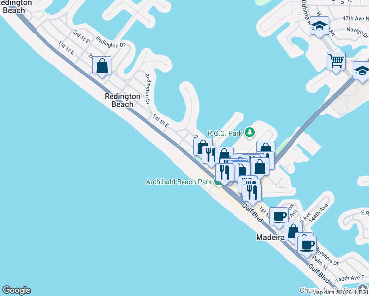 map of restaurants, bars, coffee shops, grocery stores, and more near 15472 1st Street East in Madeira Beach