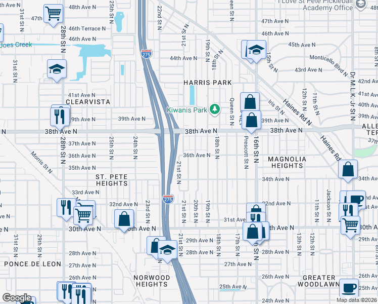 map of restaurants, bars, coffee shops, grocery stores, and more near 3636 20th Street North in St. Petersburg
