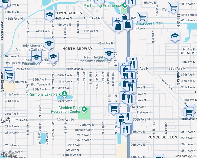 map of restaurants, bars, coffee shops, grocery stores, and more near 3701 Kingston Street North in St. Petersburg