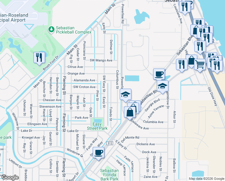 map of restaurants, bars, coffee shops, grocery stores, and more near 349 Toledo Street in Sebastian
