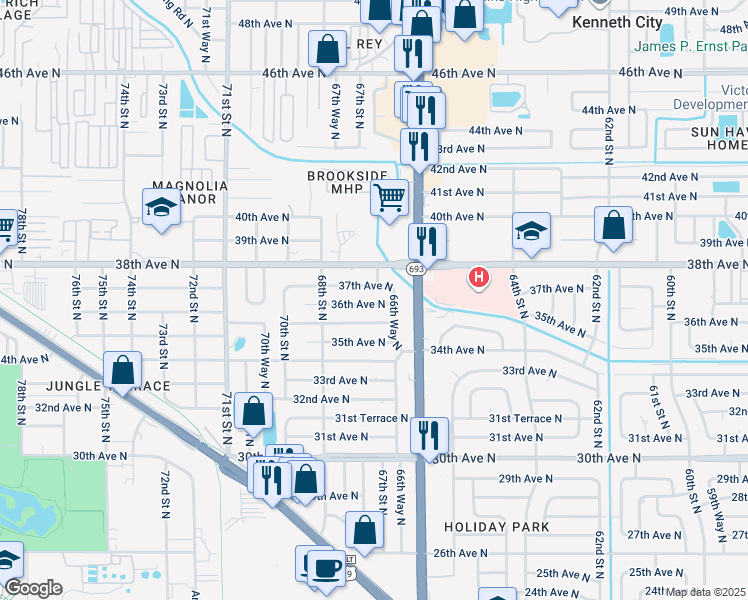 map of restaurants, bars, coffee shops, grocery stores, and more near 6701 36th Avenue North in Saint Petersburg