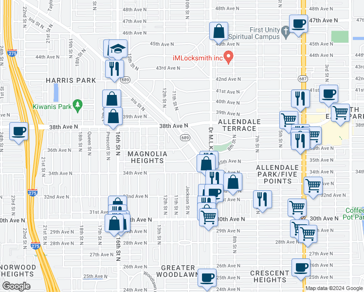 map of restaurants, bars, coffee shops, grocery stores, and more near 3605 Iris Street North in Saint Petersburg