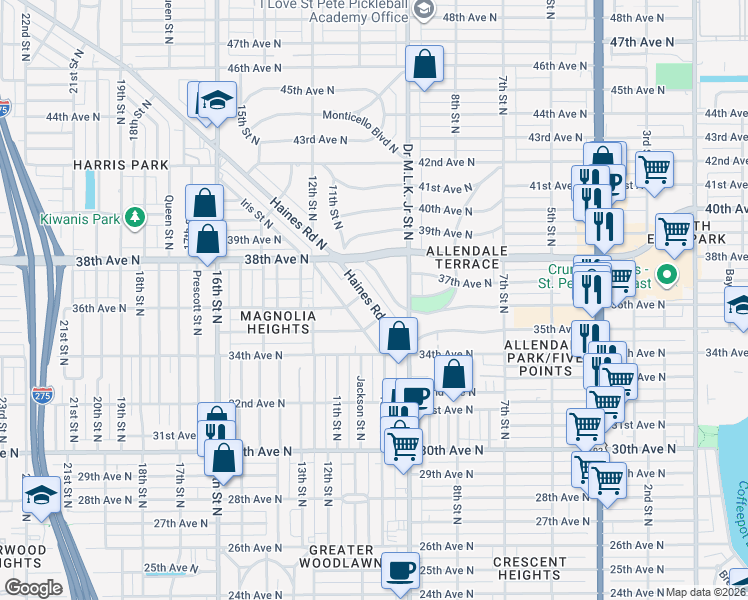 map of restaurants, bars, coffee shops, grocery stores, and more near 3537 Florida 689 in Saint Petersburg