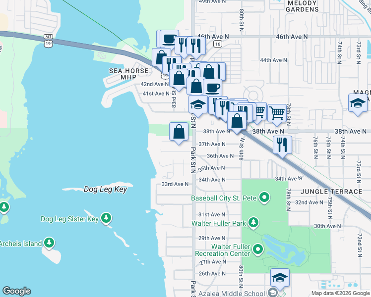 map of restaurants, bars, coffee shops, grocery stores, and more near 8231 36th Avenue North in St. Petersburg