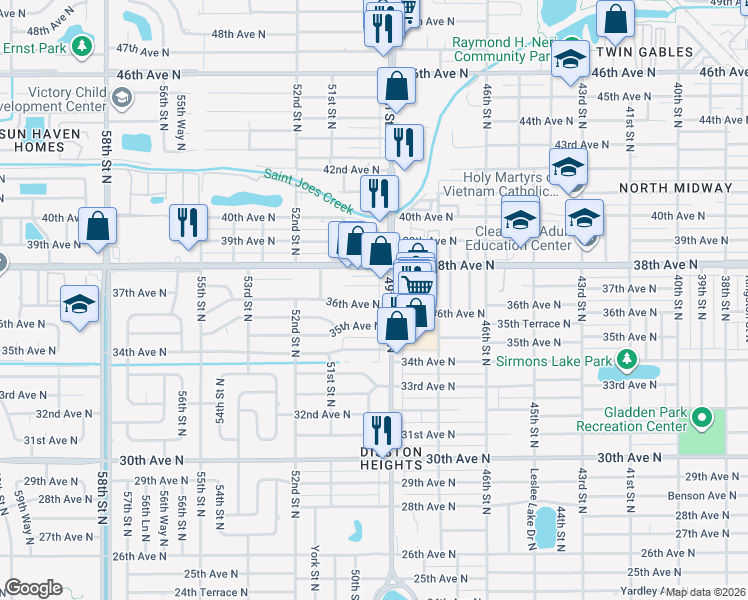 map of restaurants, bars, coffee shops, grocery stores, and more near 4936 37th Avenue North in St. Petersburg