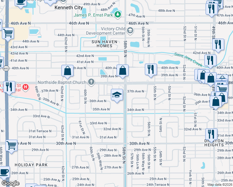 map of restaurants, bars, coffee shops, grocery stores, and more near 3740 58th Street North in St. Petersburg