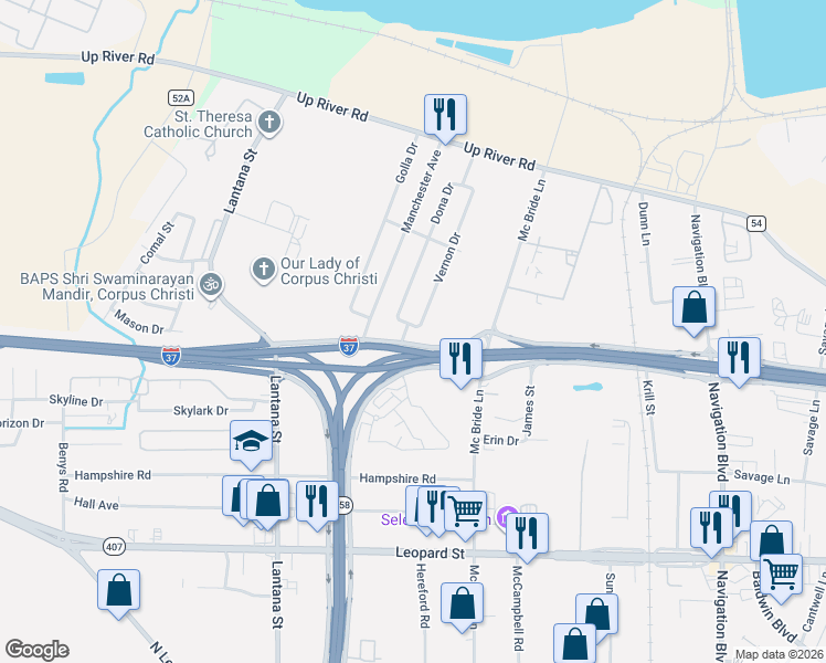 map of restaurants, bars, coffee shops, grocery stores, and more near 1022 Dona Drive in Corpus Christi