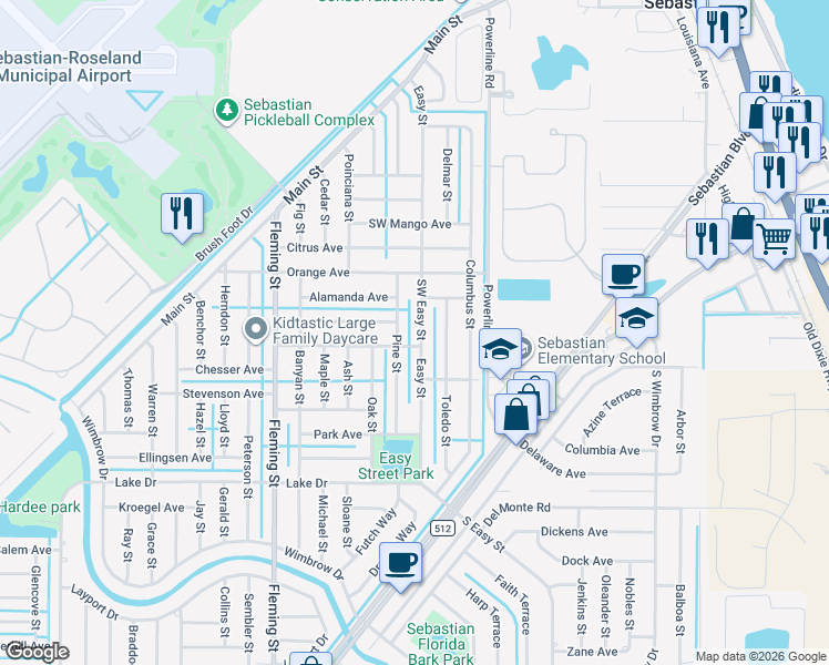 map of restaurants, bars, coffee shops, grocery stores, and more near 362 Southwest Easy Street in Sebastian