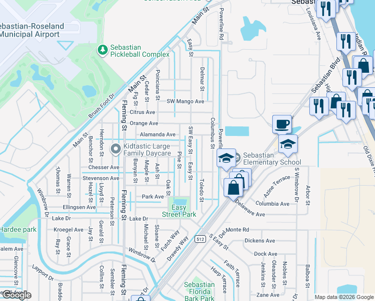 map of restaurants, bars, coffee shops, grocery stores, and more near 362 Southwest Easy Street in Sebastian