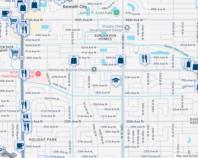 map of restaurants, bars, coffee shops, grocery stores, and more near 3686 59th Way North in Saint Petersburg