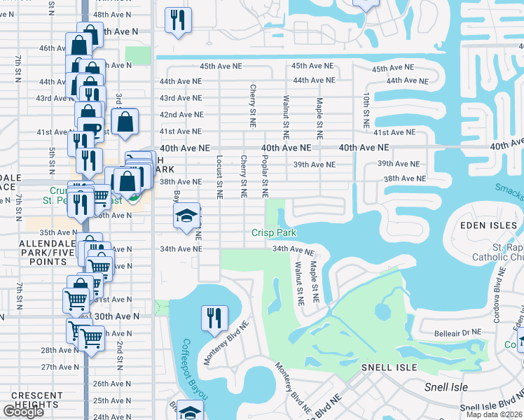 map of restaurants, bars, coffee shops, grocery stores, and more near 3600 Poplar Street Northeast in St. Petersburg