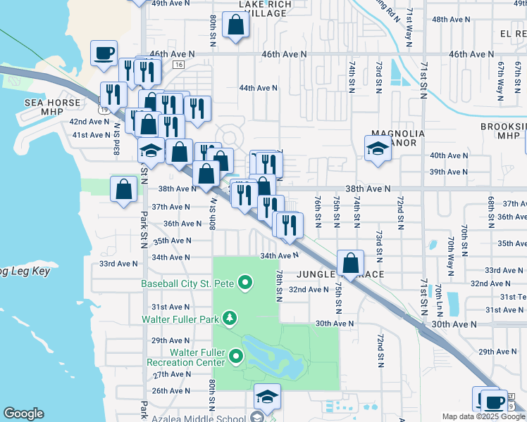 map of restaurants, bars, coffee shops, grocery stores, and more near 7830 38th Avenue North in Saint Petersburg