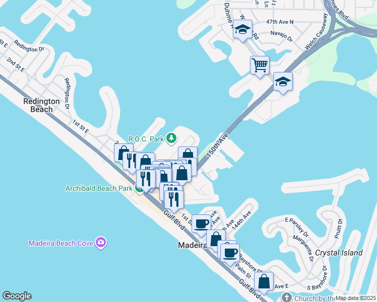 map of restaurants, bars, coffee shops, grocery stores, and more near 323 Rex Place in Madeira Beach