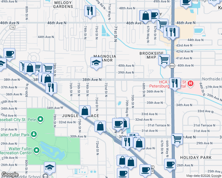 map of restaurants, bars, coffee shops, grocery stores, and more near 7120 37th Avenue North in St. Petersburg