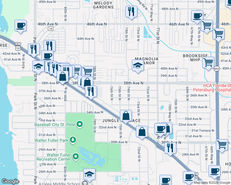 map of restaurants, bars, coffee shops, grocery stores, and more near 7537 37th Avenue North in St. Petersburg