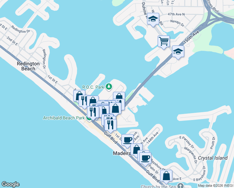 map of restaurants, bars, coffee shops, grocery stores, and more near 323 Rex Place in Madeira Beach