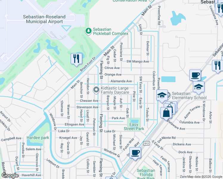map of restaurants, bars, coffee shops, grocery stores, and more near 362 Banyan Street in Sebastian