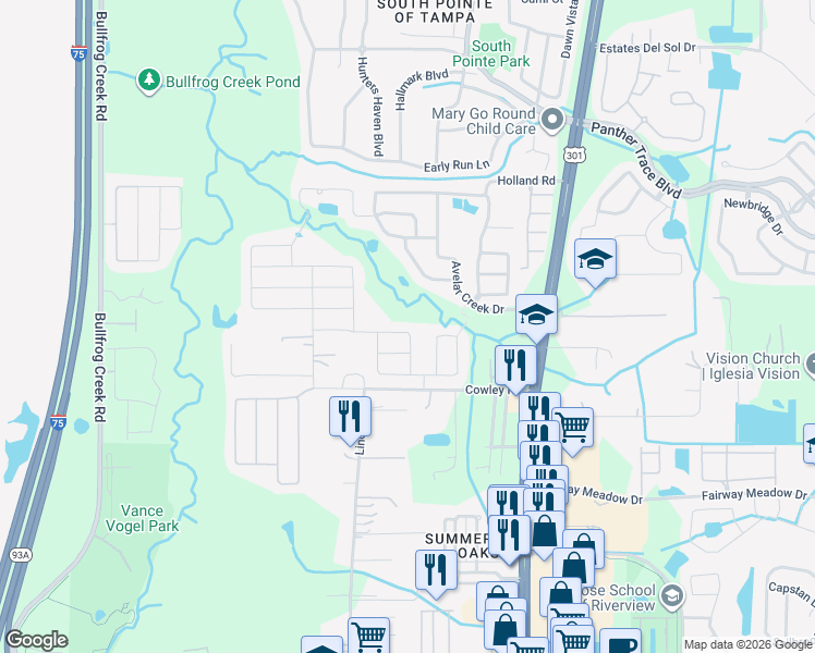 map of restaurants, bars, coffee shops, grocery stores, and more near 12824 Hampton Hill Drive in Riverview