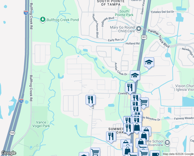 map of restaurants, bars, coffee shops, grocery stores, and more near 12808 Hampton Hill Drive in Riverview