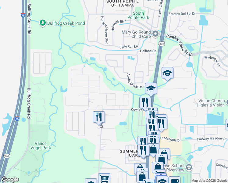 map of restaurants, bars, coffee shops, grocery stores, and more near 12824 Hampton Hill Drive in Riverview