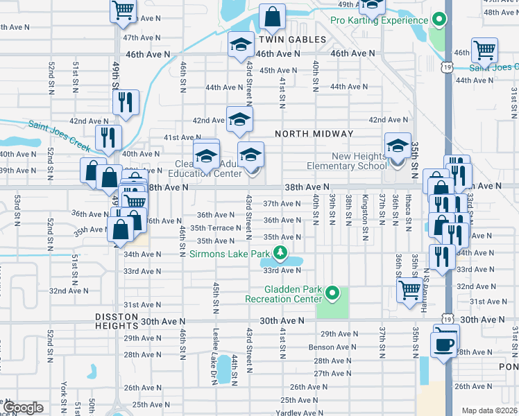 map of restaurants, bars, coffee shops, grocery stores, and more near 4117 37th Avenue North in St. Petersburg