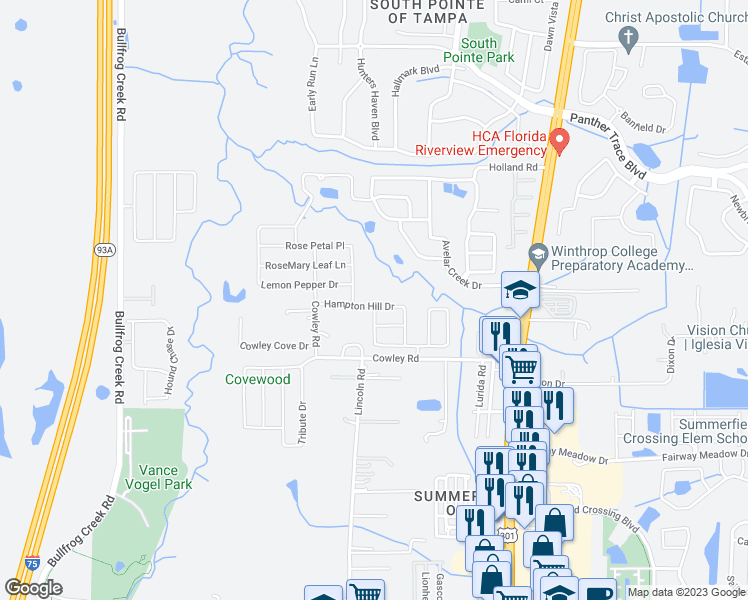 map of restaurants, bars, coffee shops, grocery stores, and more near 12808 Hampton Hill Drive in Riverview