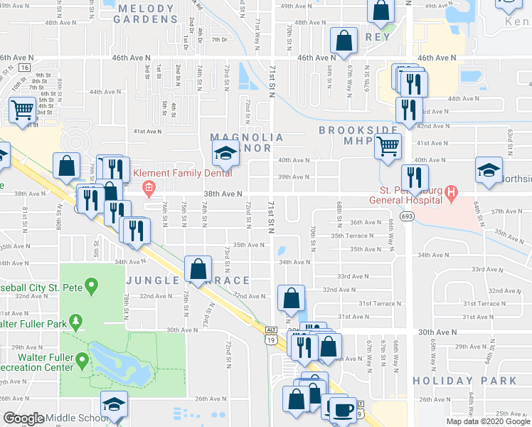 map of restaurants, bars, coffee shops, grocery stores, and more near 7100 37th Avenue North in Saint Petersburg