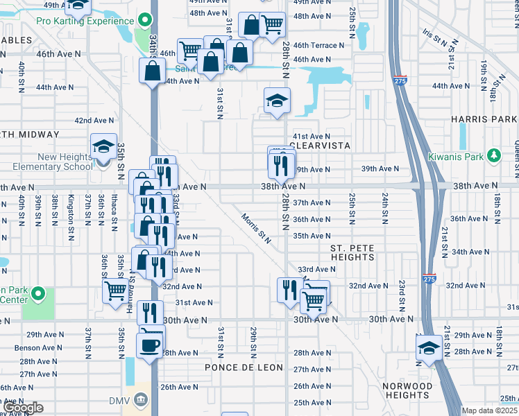 map of restaurants, bars, coffee shops, grocery stores, and more near 2838 37th Avenue North in St. Petersburg
