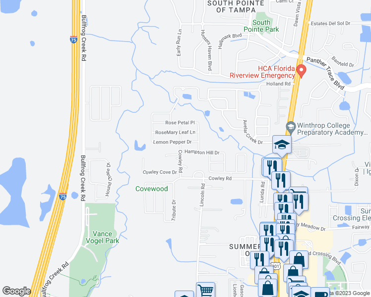 map of restaurants, bars, coffee shops, grocery stores, and more near 12706 Hampton Hill Drive in Riverview