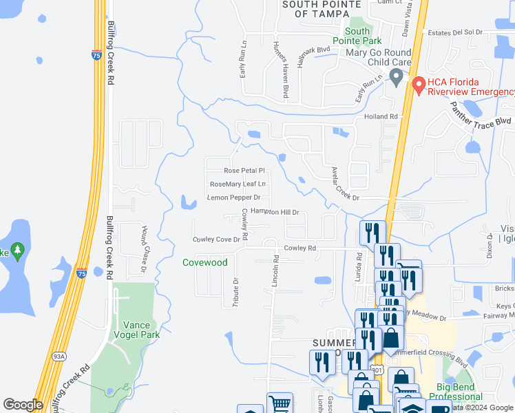 map of restaurants, bars, coffee shops, grocery stores, and more near 12712 Hampton Hill Drive in Riverview