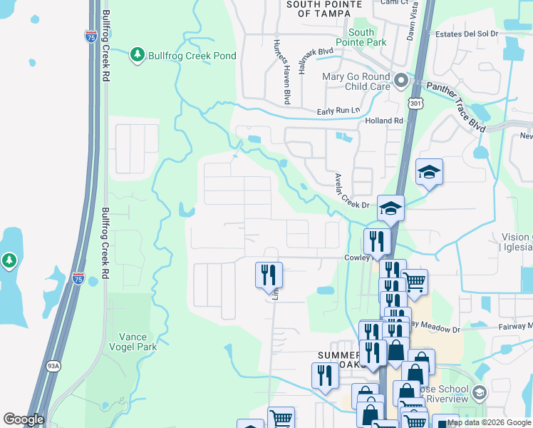 map of restaurants, bars, coffee shops, grocery stores, and more near 12710 Hampton Hill Drive in Riverview