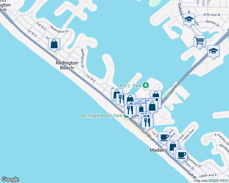 map of restaurants, bars, coffee shops, grocery stores, and more near 15406 2nd Street East in Madeira Beach