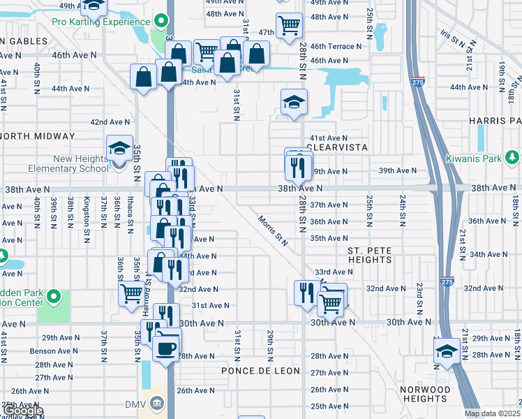map of restaurants, bars, coffee shops, grocery stores, and more near 2924 37th Avenue North in St. Petersburg