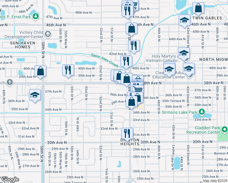 map of restaurants, bars, coffee shops, grocery stores, and more near 6184 28th Avenue North in St. Petersburg