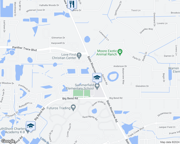 map of restaurants, bars, coffee shops, grocery stores, and more near 12909 Cattail Shore Lane in Riverview