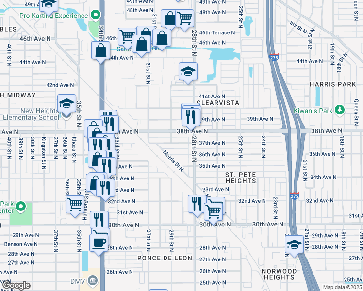 map of restaurants, bars, coffee shops, grocery stores, and more near 2838 37th Avenue North in St. Petersburg