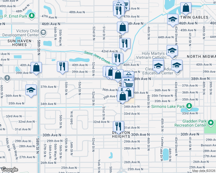 map of restaurants, bars, coffee shops, grocery stores, and more near 6184 28th Avenue North in St. Petersburg