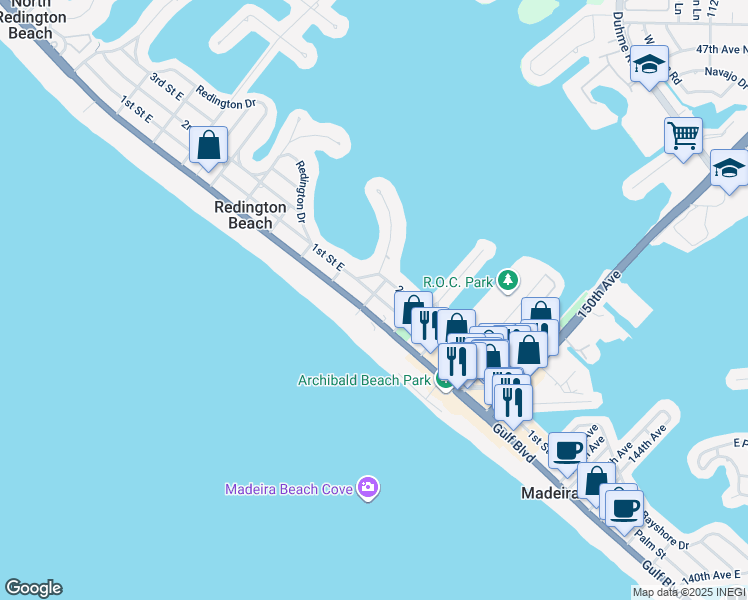 map of restaurants, bars, coffee shops, grocery stores, and more near 15472 1st Street East in Madeira Beach