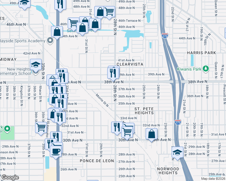 map of restaurants, bars, coffee shops, grocery stores, and more near 2734 37th Avenue North in St. Petersburg