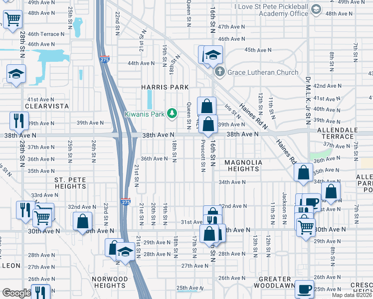 map of restaurants, bars, coffee shops, grocery stores, and more near 3641 Queen Street North in Saint Petersburg