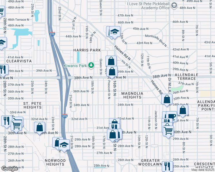 map of restaurants, bars, coffee shops, grocery stores, and more near 3638 Prescott Street North in Saint Petersburg