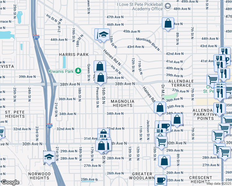 map of restaurants, bars, coffee shops, grocery stores, and more near 3634 14th Street North in Saint Petersburg