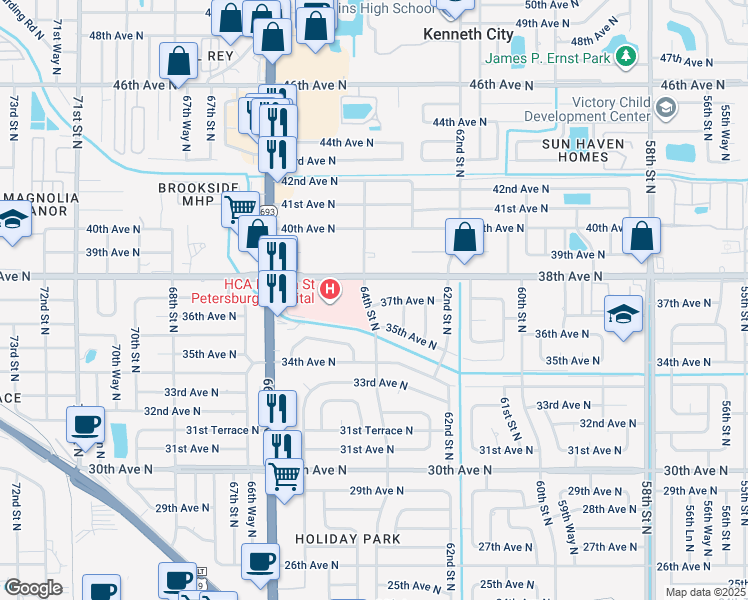map of restaurants, bars, coffee shops, grocery stores, and more near 6399 37th Avenue North in St. Petersburg