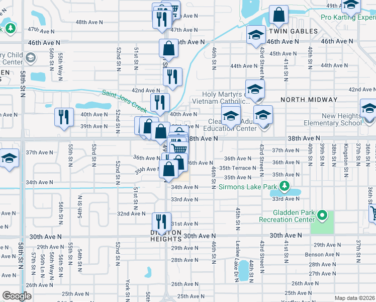 map of restaurants, bars, coffee shops, grocery stores, and more near 3645 Utica Street North in St. Petersburg