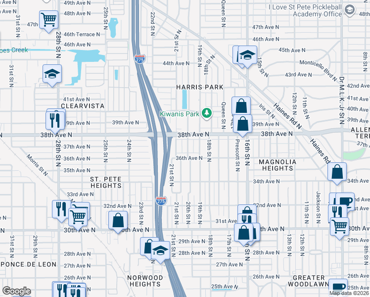 map of restaurants, bars, coffee shops, grocery stores, and more near 3636 20th Street North in St. Petersburg